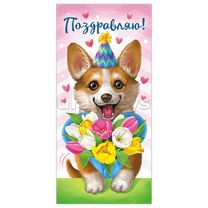 Конверт для денег (без отделки, с лаком) "Поздравляю!" Корги