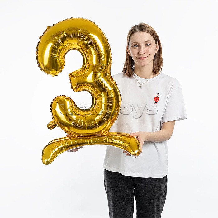 Шар (32''/81 см) Цифра на подставке, 3, Золото, 1 шт. в уп.
