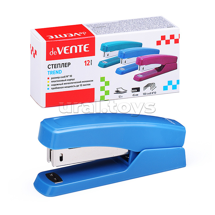 
Степлер "Trend" № 10 (мощность 12 листов, глубина скрепления 45 мм) пластиковый, в картонной коробке, пепельно-синий