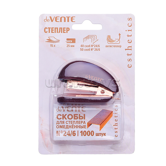 Степлер мини "Esthetics" 24/6&26/6 (мощность 15 листов, глубина скрепления 25 мм) пластиковый, c покрытием Velvet Touch, со встроенным антистеплером, в блистерной упаковке, цвет бургунди, металлические детали цвета розового золота, в наборе с омеднёнными 