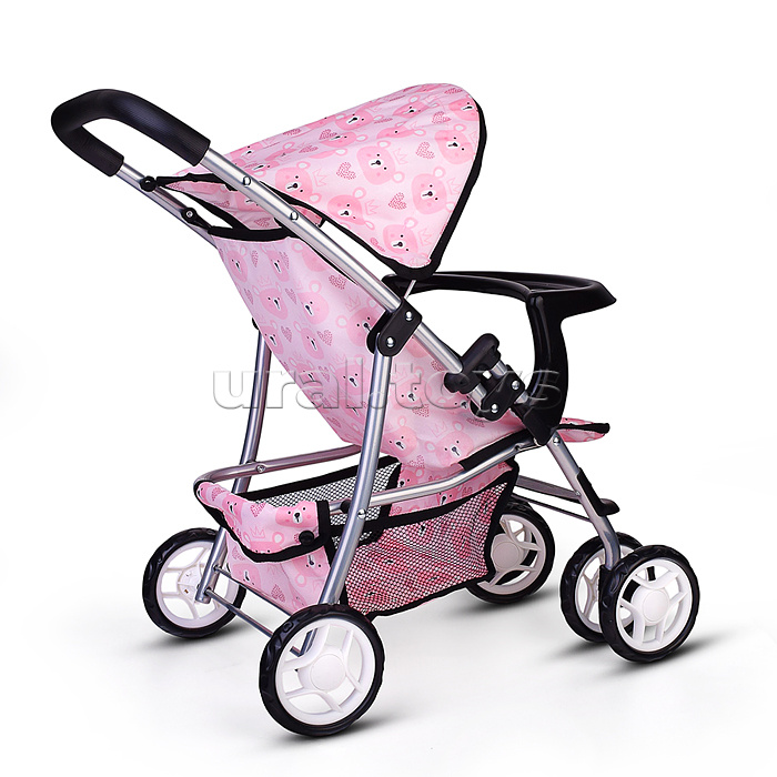 Коляская кукольная металлическая, со столиком, корзиной и козырьком, принт мишки