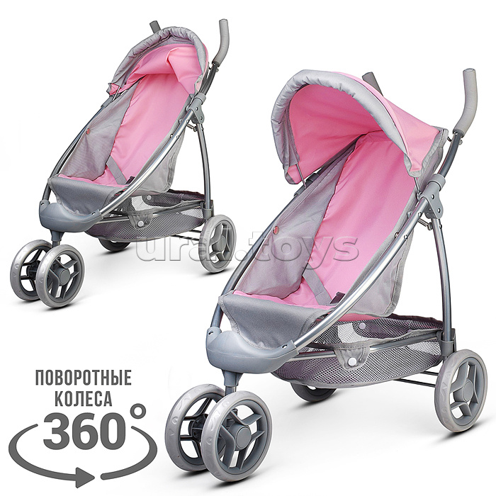 Коляская кукольная трость, металлическая, 3-х колесная, с корзиной и козырьком