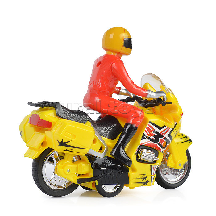 Модель пластик Мотоцикл Спорт 15 см, (свет-звук, 2 кнопки, желт,) инерц,  в коробке