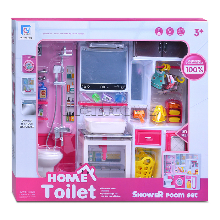 Набор мебели для кукол "Туалетная комната" (душ, унитаз, раковина, зеркало, гладильные принадл.) с аксессуарами, на батарейках, в коробке
