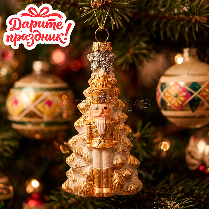 Елочное украшение "Золотая ёлочка с щелкунчиком" (5.4*4.3*10.5см)