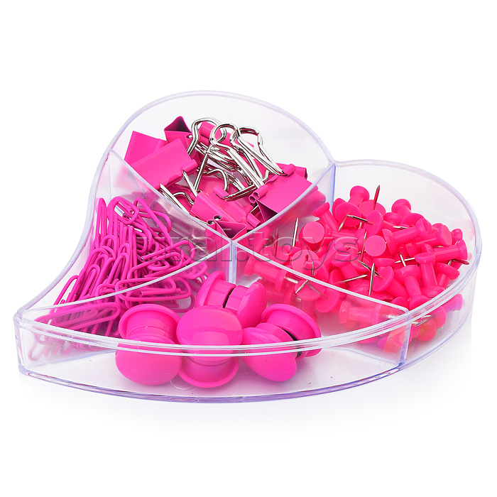 Набор канцелярских принадлежностей "Bloom Garden" (магниты цветные 20 мм – 8 шт, скрепки цветные 28 мм – 50 шт, кнопки силовые цветные – 50 шт, зажимы для бумаг цветные 19 мм – 12 шт) розовый, в пластиковой коробке