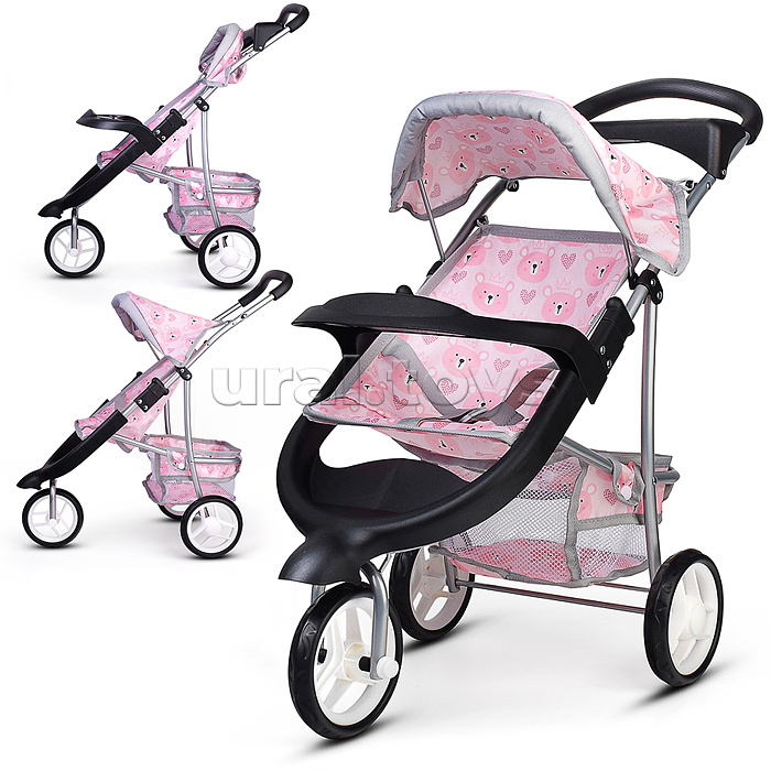 Коляская кукольная металлическая, 3-х колесная, с корзиной, козырьком и столиком