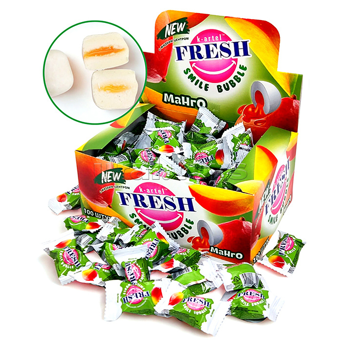 Резинка жевательная дражированная "Fresh Smile Bubble" со вкусом манго с жидкими центром 100шт