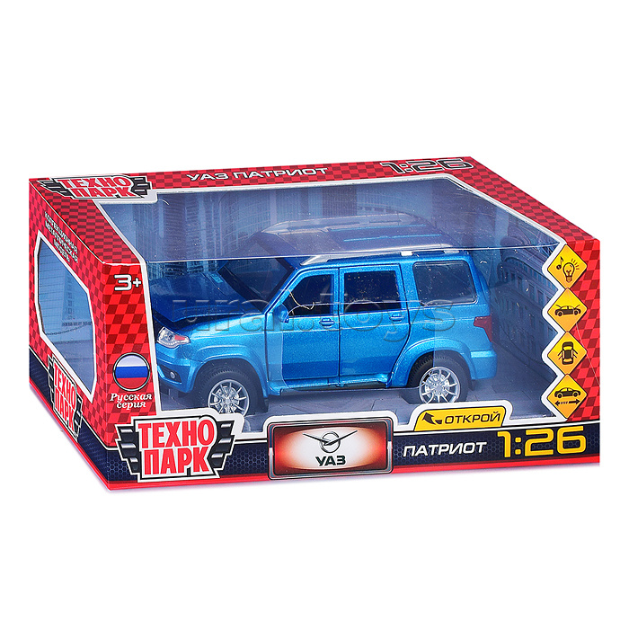 Машина металл UAZ Патриот 17,8 см, (двери, свет-звук, инерция, син,) в коробке