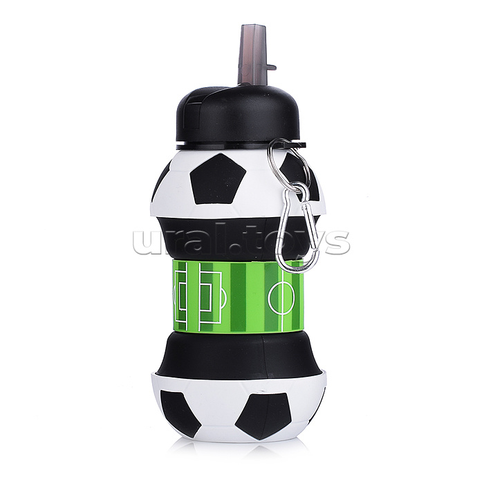 Бутылка складная 550 мл, герметичная, с пластиковыми деталями, с пластиковой крышкой и поильником, с карабином, в виде футбольного мяча, черно-белая, индивидуальная упаковка