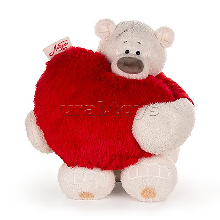 Медведь Тато в красной майке, с сердцем подушкой пушистой 37см