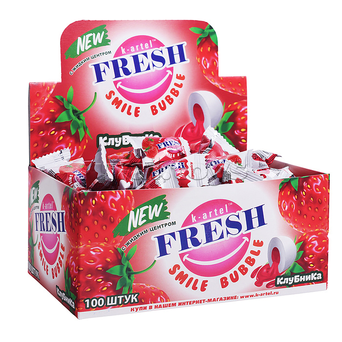 Резинка жевательная дражированная "FRESH SMILE Bubble" со вкусом клубники с жидкими центром 100шт