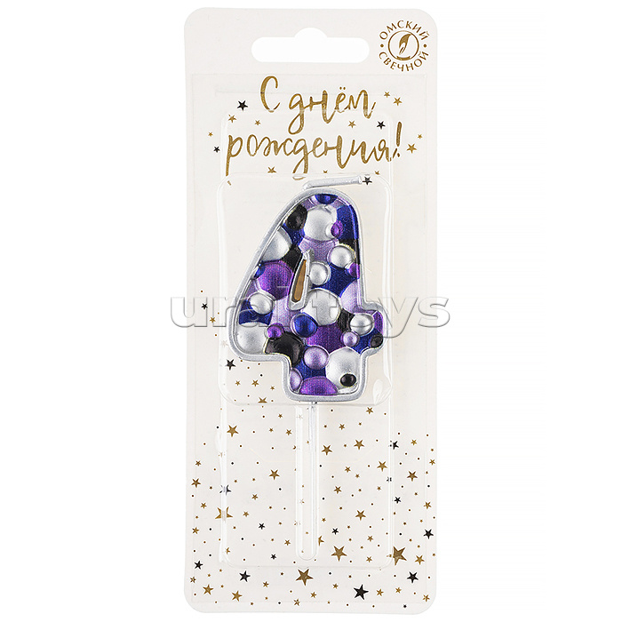 Свеча Цифра, 4 Пузырьки, на шпажке, Сиреневый, Металлик, 4*5,5 + 4 см, 1 шт. с держат.