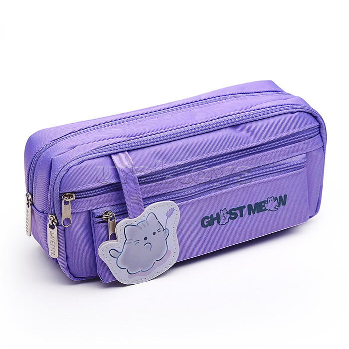Пенал "Ghost Meow" 220x95x70 мм, плотный износостойкий полиэстер с водоотталкивающей пропиткой, 2 отделения на молнии, овальный для 60 предметов, 2 внешних кармана на молнии, декоративный элемент на липучке из искусственной кожи, сиреневый