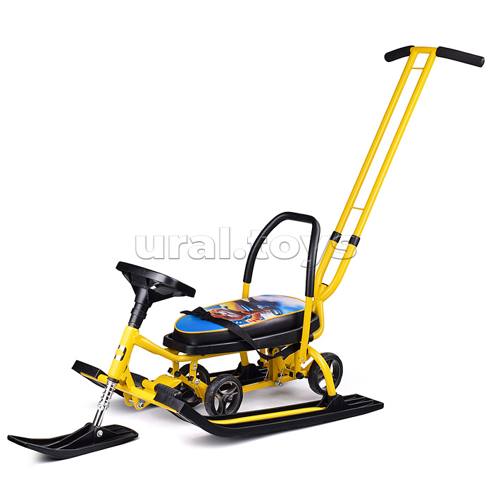 Игрушка Снегокат детский 111 "Mobile" с Т-образным толкателем и колесной базой (Котик на желтом снегоходе)