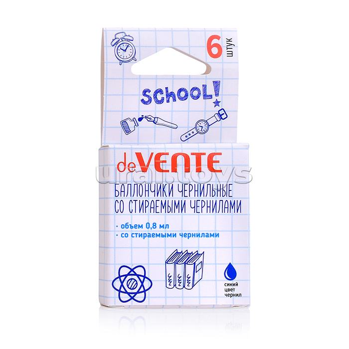 Набор баллончиков для перьевых ручек "School" со стираемыми чернилами, 06 шт, объем 0,8 мл, длина баллончика 38 мм, синие чернила, в картонной коробке