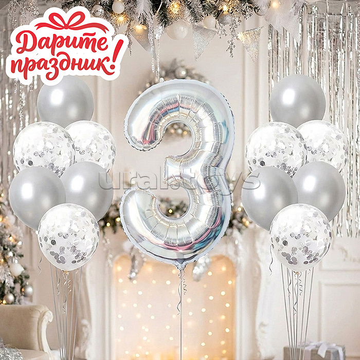 Интерьерное украшение Набор шаров "Цифра 3 и 12 шаров" цвет серебристый