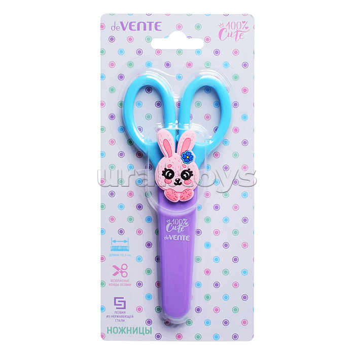 Ножницы детские "100% Cute. Rabbit" 13,5 см, пластиковые кольца, защитный футляр с каучуковым декоративным элементом, в картонном блистере