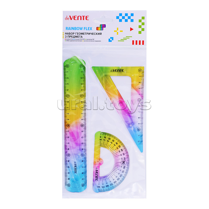 Набор геометрический "Rainbow Flex" малый, 3 предмета (линейка 20 см, угольник 30°/60°/90°, транспортир) полупрозрачный радужный, в пластиковом блистере Набор геометрический "Rainbow Flex" малый, 3 предмета (линейка 20 см, угольник 30°/60°/90°, транспортир) полупрозрачный радужный, в пластиковом блистере