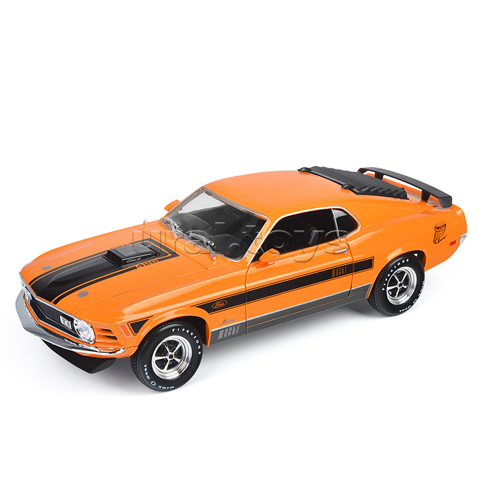 Машинка die-cast 1970 Ford Mustang Mach 1, 1:18,  оранжевая с принтом, открывающиеся двери