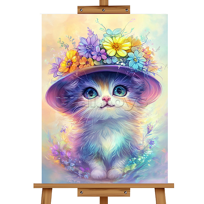 Мозаика алмазная "Кошечка в цветочной шляпке" 20*30см
