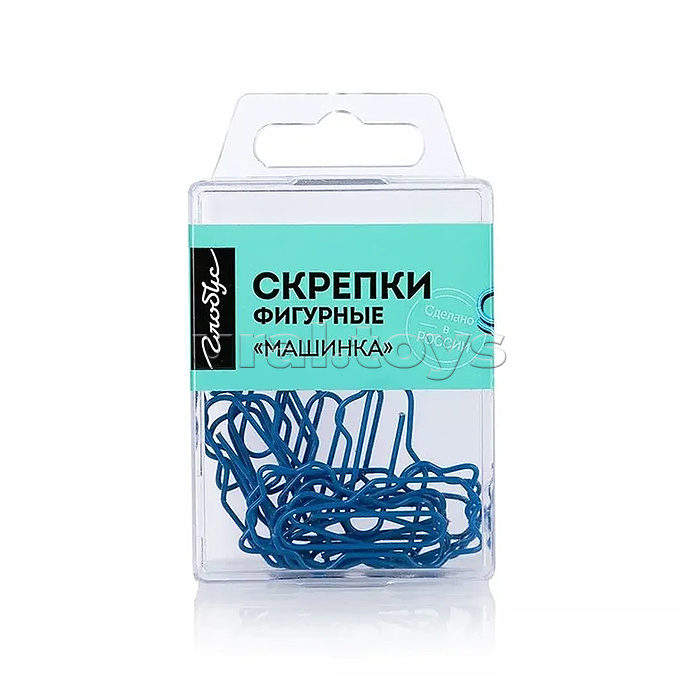 Скрепки фигурные машинка L40 мм, 12 шт., пластик. коробка, европодвес синие Скрепки фигурные машинка L40 мм, 12 шт., пластик. коробка, европодвес синие