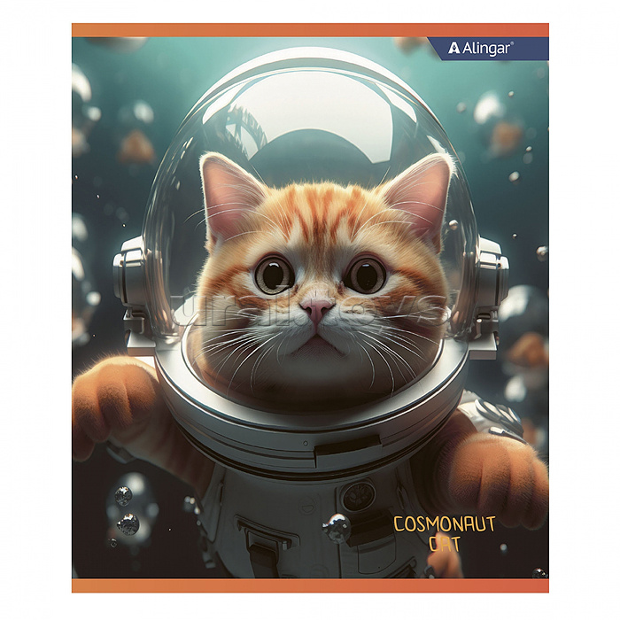 Тетрадь 48л., клетка, "Cosmonaut cat", А5, скрепка, мелованный картон (стандарт), блок офсет, 4 дизайна в пленке т/у