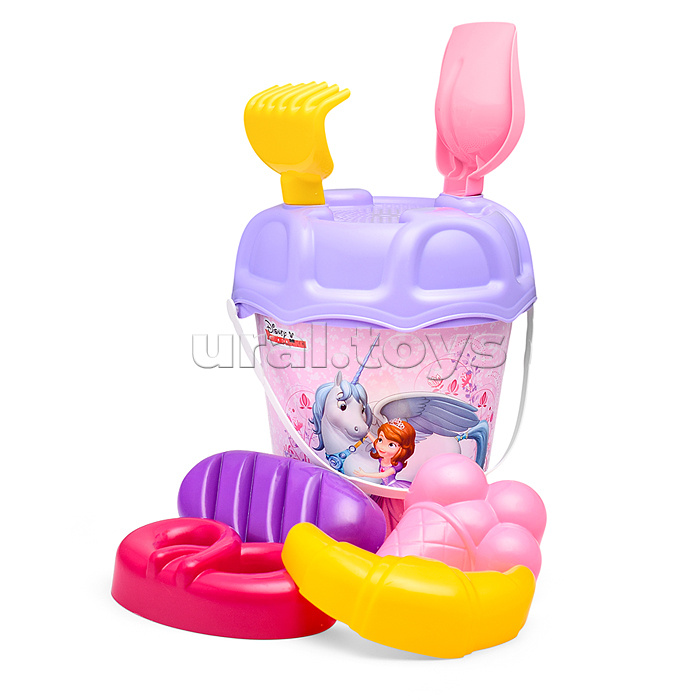 Набор Disney «София Прекрасная» №2: ведро большое с наклейкой, ситечко большое №3, лопата №6, грабли №6, формочки (мороженое + пирожок + крендель + рогалик)