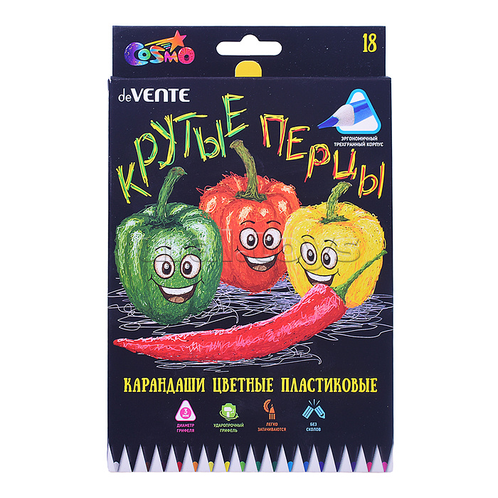 Карандаши цветные пластиковые 18 цв., "Juicy Black" 2М, диаметр грифеля 3 мм, трёхгранные. Карандаши цветные пластиковые 18 цв., "Juicy Black" 2М, диаметр грифеля 3 мм, трёхгранные.