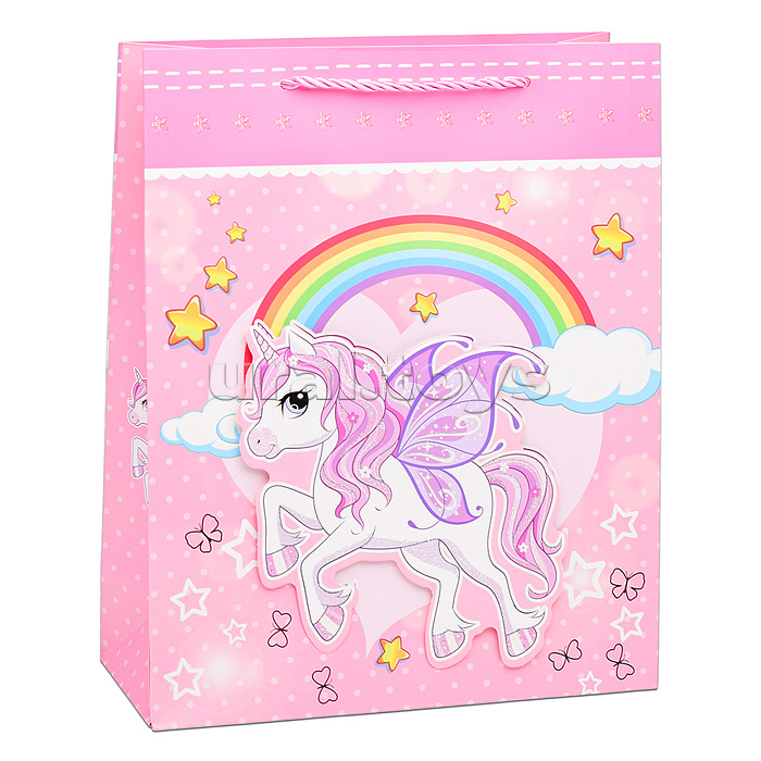 Пакет подарочный "Единорог на радуге" 26х10х32 см