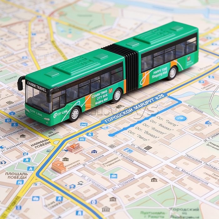Автобус металлический городской с гармошкой, инерционный, масштаб 1:64 (зеленый)