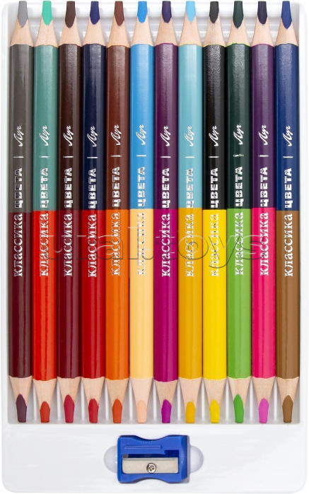 Карандаши цветные трехгранные двусторонние утолщенные "Классика" 12шт./24цв. с точилкой