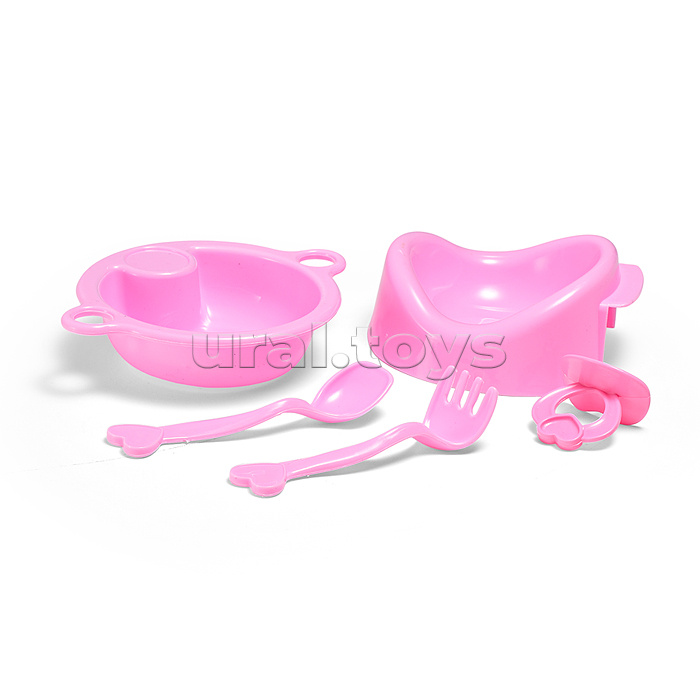 Набор аксессуаров для куклы (набор посуды, горшок, столик для кормления) в пакете
