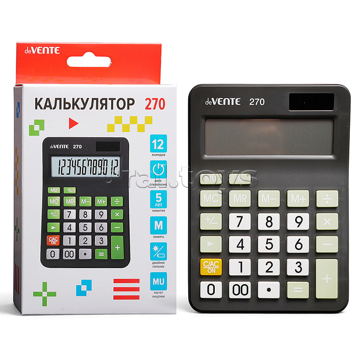 Калькулятор настольный 270, 106x150x28 мм, 12 разрядный, черный с контрастными кнопками, в картонной коробке