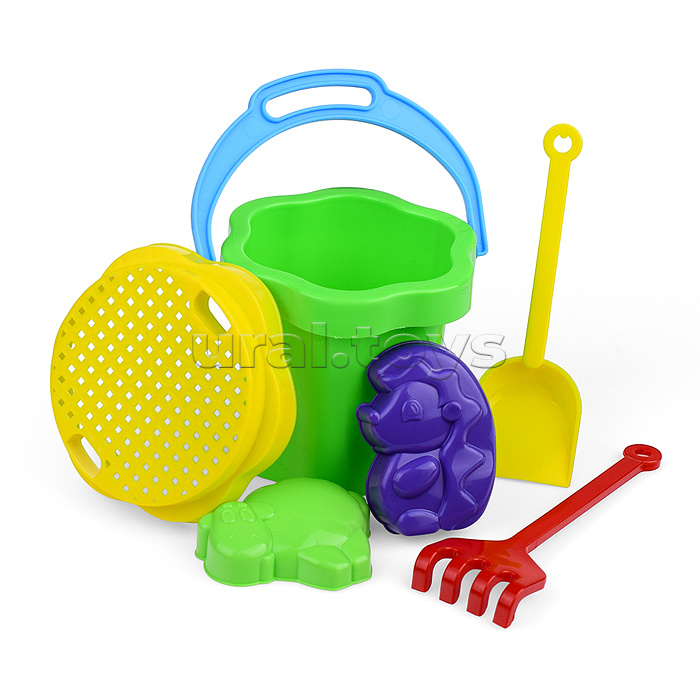 Песочный набор №103 (ведро-цветок 0,3 л, сито, грабли, совок, 2 формочки)