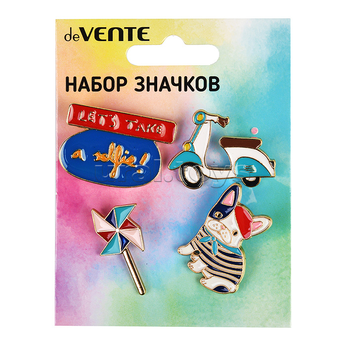Набор значков "Chic Girl" эмалированные, размер изделий: Let's take a selfie 3,3x2,3 см, щенок 2x3 см, игрушка 1,6x3 см, скутер 3,4x2,6 см на карточке 7,0x9,5 см с пластиковым пакетом