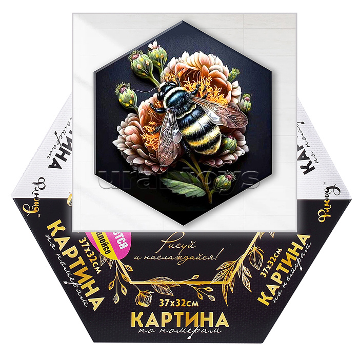 Картина по номерам 37х32 "Шмель на цветке" чёрный холст с золотой поталью Гексагон (22 цвета)