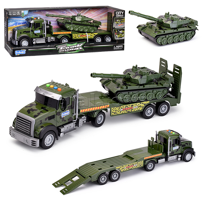 Автовоз "Военный с танком" 1:14, (свет, звук) в коробке