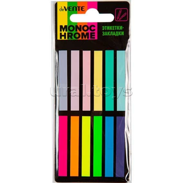 Набор самоклеящихся этикеток-закладок пластиковые полупрозрачные 45x6 мм, 12x20 листов, 6 неоновых и 6 пастельных цветов