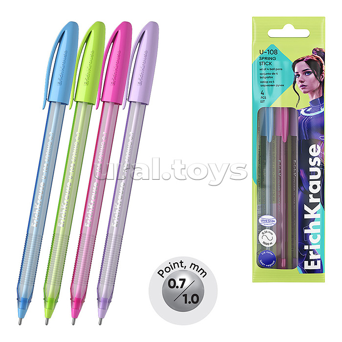 Набор из 4 ручек шариковых ErichKrause U-108 Stick Spring 0.7, Ultra Glide Technology, цвет чернил синий (в пакете) Набор из 4 ручек шариковых ErichKrause U-108 Stick Spring 0.7, Ultra Glide Technology, цвет чернил синий (в пакете)