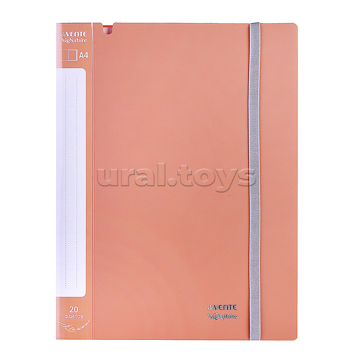 Папка с 020 вкладышами A4 "SigNATURE" A4 (235x315x15 мм) полипропилен 650 мкм, фактура "ткань" вкладыши 30 мкм, внутренний карман 160 мкм, широкая резинка, индивидуальная упаковка, пудрово розовая