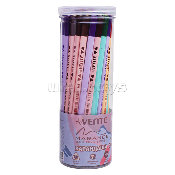 Карандаш чернографитный "Marandi" HB, диаметр грифеля 2 мм, трехгранный, заточенный, цвета корпуса ассорти 4 цвета с топом, индивидуальная маркировка, в пластиковой тубе