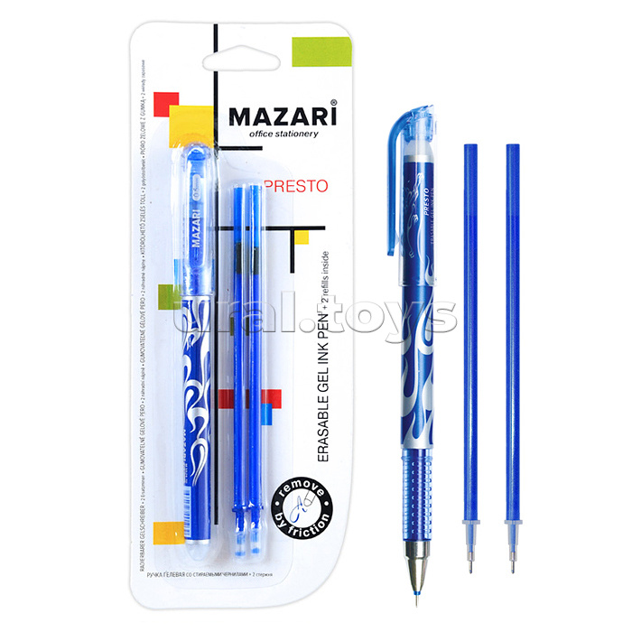 Ручка гелевая со стираемыми чернилами PRESTO, синяя + 2стержня,  игольчатый пиш.узел 0.5мм