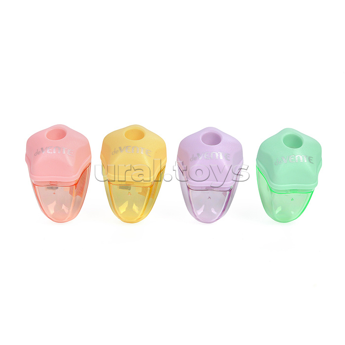 Точилка для карандашей "Pastel" 1 отверстие, пластмассовая с контейнером, каждая с индивидуальной маркировкой, в картонном дисплее, ассорти