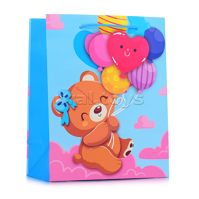 Пакет подарочный (M) "Мишка с шарами на розовом облаке"