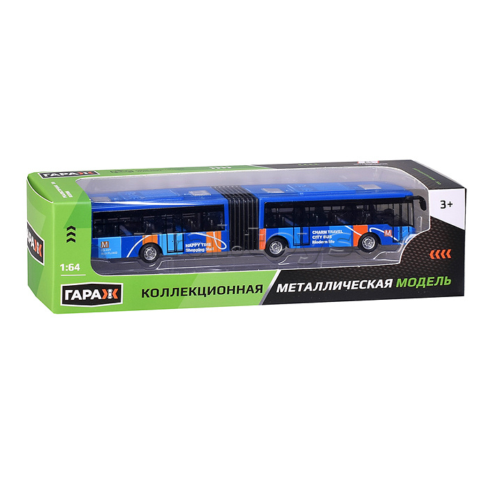 Автобус металлический городской с гармошкой, инерционный, масштаб 1:64 (синий)