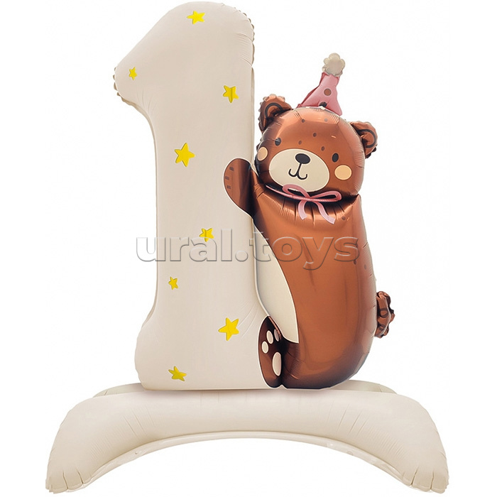 Шар (35''/89 см) Цифра на подставке, 1 Годик, Мишка в розовом колпачке, Бежевый, 1 шт. в уп.