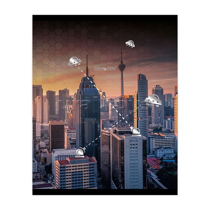 Тетрадь 96л., клетка "Тарелки в городе" А5 Тетрадь 96л., клетка "Тарелки в городе" А5