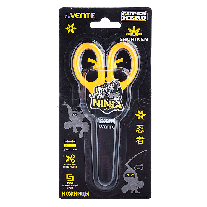 Ножницы детские "SuperHero. Ninja" 13,5 см, пластиковые кольца, защитный футляр с каучуковым декоративным элементом, черные с желтым, в картонном блистере Ножницы детские "SuperHero. Ninja" 13,5 см, пластиковые кольца, защитный футляр с каучуковым декоративным элементом, черные с желтым, в картонном блистере