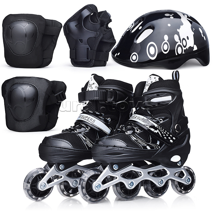 Ролики детские, размер M, черные (со шлемом и защитным снаряжением)